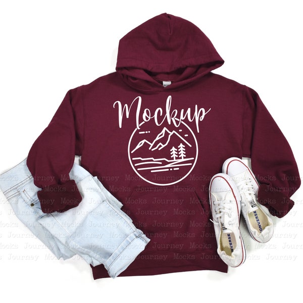 Granate / Maqueta Gildan 18500 / Maqueta de sudadera con capucha Gildan / Maqueta de sudadera con capucha Gildan Heavy Blend Flat Lay / Estilo de vida / Maqueta de sudadera 18500