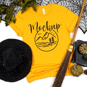 3001 Halloween Mockup Gold | Bella Canvas 3001 Mockup Halloween | 3001 Tshirt Mockup | 3001 Fall Flat Lay Mockup | Halloween Witch Mockup