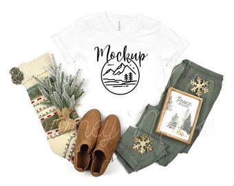 3005 Bella Canvas Christmas Mockup White | Bella Canvas 3005 V Neck Xmas Mockup | Winter T Shirt Flat Lay | White Seasonal Lifestyle Mockup