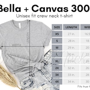 Bella Canvas 3001 Tabla de tallas / 3001 Mockup / Tabla de tallas unisex / Bella Canvas Tabla de tallas / Talla unisex / Flat Lay / Simple Black & White