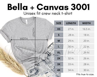 Bella Canvas 3001 Size Chart | 3001 Mockup | Unisex Size Chart | Bella Canvas Size Chart | Unisex Sizing | Flat Lay | Simple Black & White