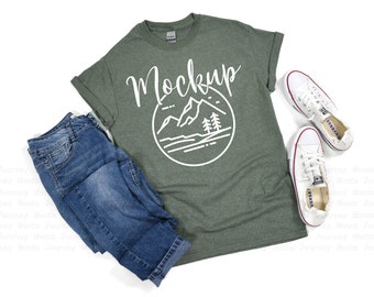 Gildan 5000 Mockup | Heather Military Green | 5000 Mockup Flat Lay | Gildan Heavy Cotton T Shirt Mock Up | 5000 Daisy | Lifestyle Mockup