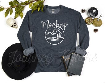 Gildan 18000 Halloween Mockup Dark Heather | Gildan 18000 Mockup | 18000 Fall Mockup | Halloween Sweatshirt Flat Lay | Gildan Crew Neck