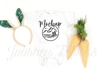 White Rabbit Skins 4400 Easter Mockup | White Baby Body Suit Flat Lay | Simple Baby Mockup | Unisex Baby Lifestyle Mock Up | Digital Mockup