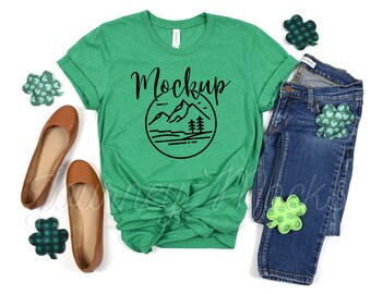 Bella Canvas 3001 Mockup | Heather Kelly | 3001 Bella Canvas Flat Lay | St. Patrick&#39;s Day Mockup | Flat Lay Mockup | Tshirt Lifestyle Mockup