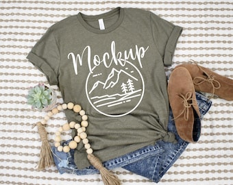 Bella Canvas 3001 Mockup Heather Olive | 3001 Mockup | Boho Styled Flat Lay | 3001 Heather Olive | Lifestyle Bella Mockup 3001 | Digital