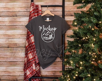 Gildan 64000 Hanging Christmas Mockup Charcoal | Gildan 64000 Holiday Mockup | 64000 Seasonal Mockup | Gildan Christmas Tshirt Flat Lay