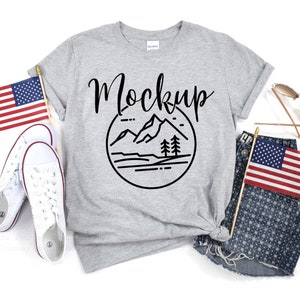 4th of July Mockup | Sport Grey Gildan 64000 Mockup | Styled Fourth of July Tshirt Mock Up | Summer Flat Lay | 64000 mockup | Digital Mockup