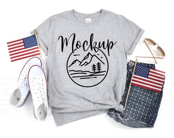 4th of July Mockup | Sport Grey Gildan 64000 Mockup | Styled Fourth of July Tshirt Mock Up | Summer Flat Lay | 64000 mockup | Digital Mockup