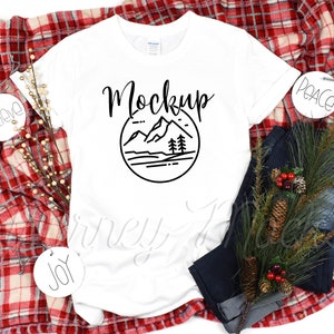 Gildan 64000 Christmas Mockup White | Gildan 64000 Holiday Mockup | 64000 Seasonal Mockup | Christmas Tshirt Flat Lay | Gildan 64000 White