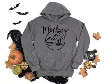 Gildan 18500 Maqueta de Halloween Carbón / Maqueta Gildan 18500 / Maqueta de sudadera con capucha de otoño 18500 / Sudadera de Halloween Flat Lay / Maqueta Gildan