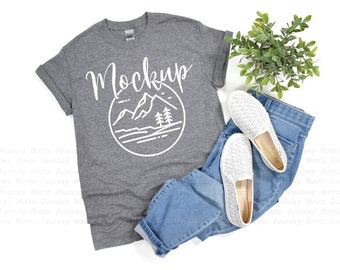 Gildan 5000 Mockup | Graphite Heather | 5000 Mockup Flat Lay | Gildan T Shirt Mock Up | 5000 Graphite Heather | Lifestyle Mockup | Digital