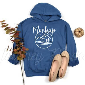 Gildan 18500 Fall Mockup Indigo | Gildan 18500 Mockup | 18500 Fall Hoodie Mockup | Autumn Sweatshirt Flat Lay | 18500 Gildan Hoodie Mockup