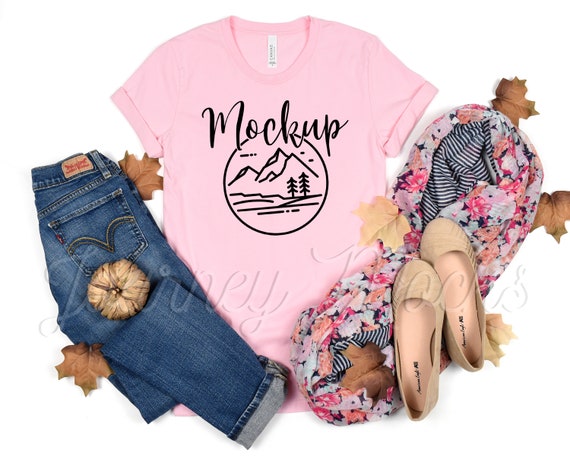 3001 Pink Fall Mockup | Bella Canvas 3001 Mockup Pink | 3001 Bella Mockup Fall | Bella Canvas Tshirt Flat Lay | Seasonal Lifestyle Mockup