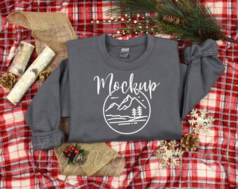 Gildan 18000 Christmas Mockup Charcoal | Gildan 18000 Mockup | 18000 Winter Mockup | Xmas Sweatshirt Flat Lay | Gildan Crew Neck Sweater