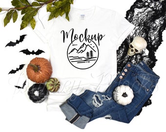 Gildan 64000 Halloween Mockup White | Gildan 64000 Mockup Halloween | 64000 Fall Mockup | Halloween Tshirt Flat Lay | Gildan 64000 White