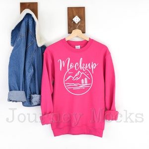 Gildan Mockup | Gildan 18000 Heliconia | 18000 Sweatshirt Mockup | Crewneck Flat Lay | Hanging Mockup | 18000 Heliconia Mock Up | Lifestyle
