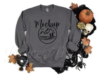 Gildan 18000 Halloween Mockup Charcoal | Gildan 18000 Mockup | 18000 Fall Mockup | Halloween Sweatshirt Flat Lay | Gildan Crew Neck Sweater