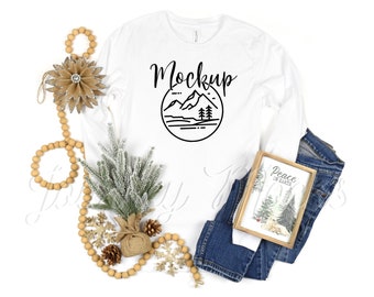 3501 Christmas Mockup White | Bella Canvas 3501 Mockup | 3501 Mockup | White Long Sleeve Holiday Mockup | 3501 Seasonal Lifestyle Flat Lay