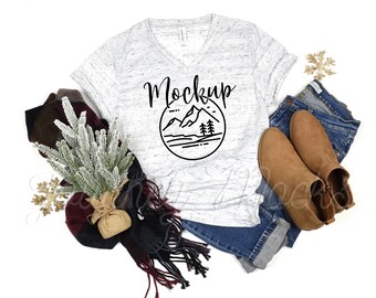 3005 Bella Canvas Christmas Mockup White Marble | Bella Canvas 3005 Xmas Mockup | Winter T Shirt Flat Lay | Seasonal Lifestyle Mockup