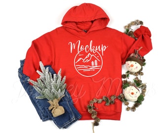 Gildan 18500 Weihnachtsmockup Rot | Gildan 18500 Mockup | 18500 Winter Hoodie Mockup | Weihnachten Sweatshirt flach gelegt | 18500 Roter Gildan Mockup
