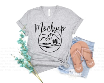 3005 Athletic Heather | Bella Canvas 3005 Mockup | V Neck Mockup Flat Lay | Lifestyle Mockup | 3005 V-Neck | Summer Tshirt |  Digital Mockup