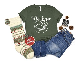 3005 Christmas Vneck Mockup Military Green | Bella Canvas 3005 Xmas Mockup | Winter T Shirt Flat Lay | 3005 Seasonal Lifestyle Mockup
