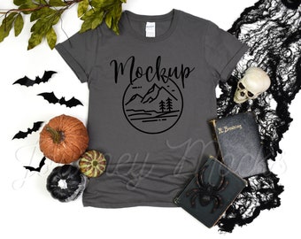 Gildan 64000 Halloween Mockup Charcoal | Gildan 64000 Mockup Halloween | 64000 Fall Mockup | Halloween Flat Lay | Gildan 64000 Charcoal Grey