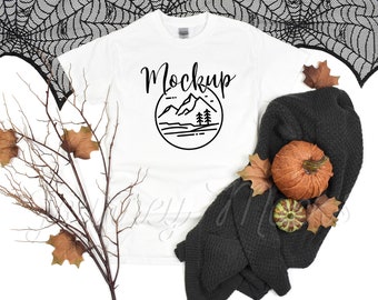 Gildan 5000 Halloween Mockup White | Gildan 5000 Mockup Halloween | 5000 Fall Mockup White | Gildan Heavy Cotton Tshirt Halloween Flat Lay