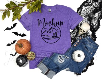 Gildan 64000 Maquete de Halloween Heather Roxo | Gildan 64000 Maquete de Halloween | Maquete de outono 64000 | Camiseta de Halloween com configuração plana | Gildan 64000