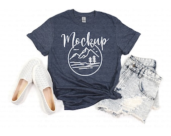 Gildan 64000 Mockup | Heather Navy | Gildan Softstyle Tshirt Mockup | 64000 Mockup Flat Lay | Lifestyle Gildan Mockup | Digital SVG Mockup