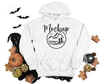 Gildan 18500 Halloween Mockup Ash | Gildan 18500 Mockup | 18500 Fall Hoodie Mockup | Halloween Sweatshirt Flat Lay | Gildan Hoodie Mockup
