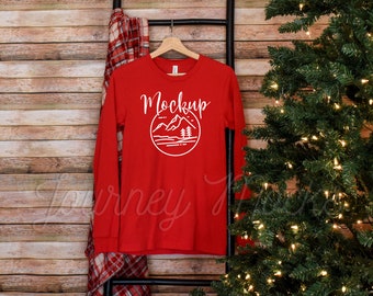 3501 Hanging Christmas Mockup Red | Bella Canvas 3501 Mockup | 3501 Xmas Mockup | Long Sleeve Holiday Mockup | 3501 Seasonal Lifestyle