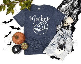 Gildan 64000 Maquete de Halloween Heather Navy | Gildan 64000 Maquete de Halloween | Maquete de outono 64000 | Camiseta de Halloween com configuração plana | Gildan 64000