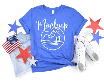 4th of July Mockup | Heather True Royal Bella Canvas 3001 Mockup | Styled Fourth of July Tshirt Mock Up | Summer Flat Lay | White Background
