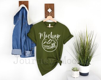 Bella Canvas 3001 Mockup | Olive | Hanging T Shirt Mockup | 3001 Bella Canvas Flat Lay | Tshirt Mockup | Lifestyle | Digital Download