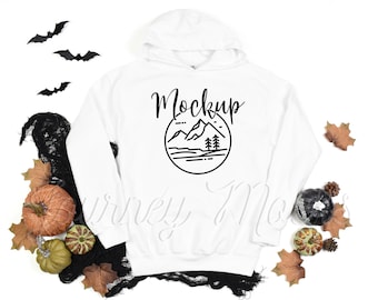Gildan 18500 Halloween Mockup White | Gildan 18500 Mockup | 18500 Fall Hoodie Mockup | Halloween Sweatshirt Flat Lay | Gildan Hoodie Mockup