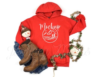 Gildan 18500 Weihnachtsmockup Rot | Gildan 18500 Mockup | 18500 Winter Hoodie Mockup | Weihnachten Sweatshirt flach gelegt | 18500 Roter Gildan Mockup