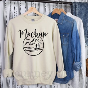 Gildan Mockup | Gildan 18000 Sand | 18000 Sweatshirt Mockup | Tan Crewneck Flat Lay | Hanging Boho Mockup | 18000 Sand Mock Up | Lifestyle