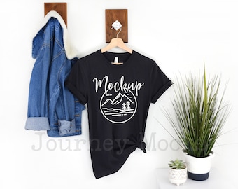 Bella Canvas 3001 Mockup / Nero / 3001 Bella Canvas Flat Lay / Mockup di maglietta appesa / Mockup di maglietta / Sfondo bianco / Download digitale