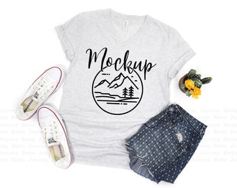 3005 Ash | Bella Canvas 3005 Mockup | V Neck Mockup Flat Lay | Lifestyle Mockup Spring | 3005 Ash V-Neck | Summer Tshirt |  Digital Mockup