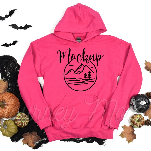 Gildan 18500 Halloween Mockup Heliconia | Gildan 18500 Mockup | 18500 Fall Hoodie Mockup | Sweatshirt Flat Lay | Gildan Hoodie Mockup