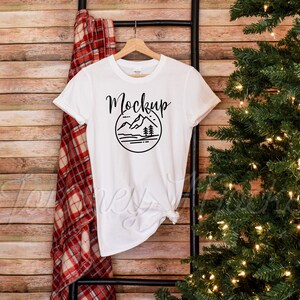 Gildan 64000 Hanging Christmas Mockup White | Gildan 64000 Holiday Mockup | Gildan Seasonal Mockup | Gildan 64000 Christmas Tshirt Flat Lay