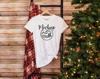 Gildan 64000 Hanging Christmas Mockup White | Gildan 64000 Holiday Mockup | Gildan Seasonal Mockup | Gildan 64000 Christmas Tshirt Flat Lay