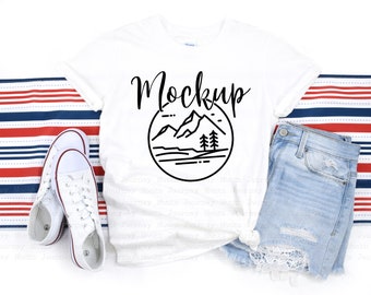 4th of July Mockup | White Gildan 64000 Mockup | Styled Fourth of July Tshirt Mock Up | Summer Flat Lay | 64000 mockup | White Background
