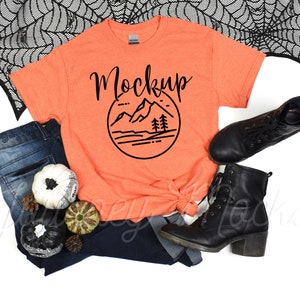 Gildan 5000 Halloween Mockup Sunset Orange | Gildan 5000 Mockup Halloween | 5000 Fall Mockup | Gildan Heavy Cotton Tshirt Halloween Flat Lay