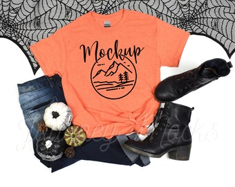 Gildan 5000 Halloween Mockup Sonnenuntergang Orange | Gildan 5000 Mockup Halloween | 5000 Herbst Mockup | Gildan Schwere Baumwolle Tshirt Halloween Flat Lay