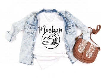 3005 White | Bella Canvas 3005 Mockup | V Neck Mockup Flat Lay | Lifestyle Mockup | 3005 V-Neck | Spring Tshirt Mockup |  Digital Mockup