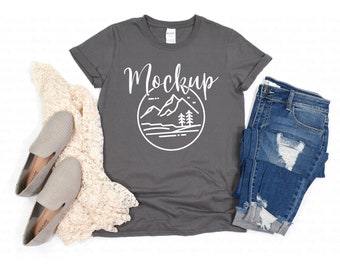 Gildan 64000 Mockup Charcoal | Gildan Softstyle Tshirt Fall Mockup | 64000 Mockup Flat Lay | Gildan Shirt Mock Up | Lifestyle Digital Mockup
