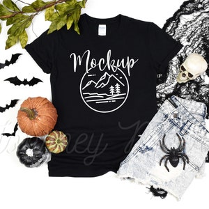 Gildan 64000 Halloween Mockup Black | Gildan 64000 Mockup Halloween | 64000 Fall Mockup | Halloween Tshirt Flat Lay | Gildan 64000 Black